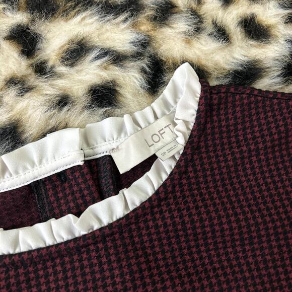 Loft Houndstooth Ruffle Neckline Short Sleeve Shift Dress 2P - Picture 2 of 7